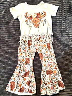 Cowgirl Cream Fringe Top & Floral cow Bell-Bottoms Set -